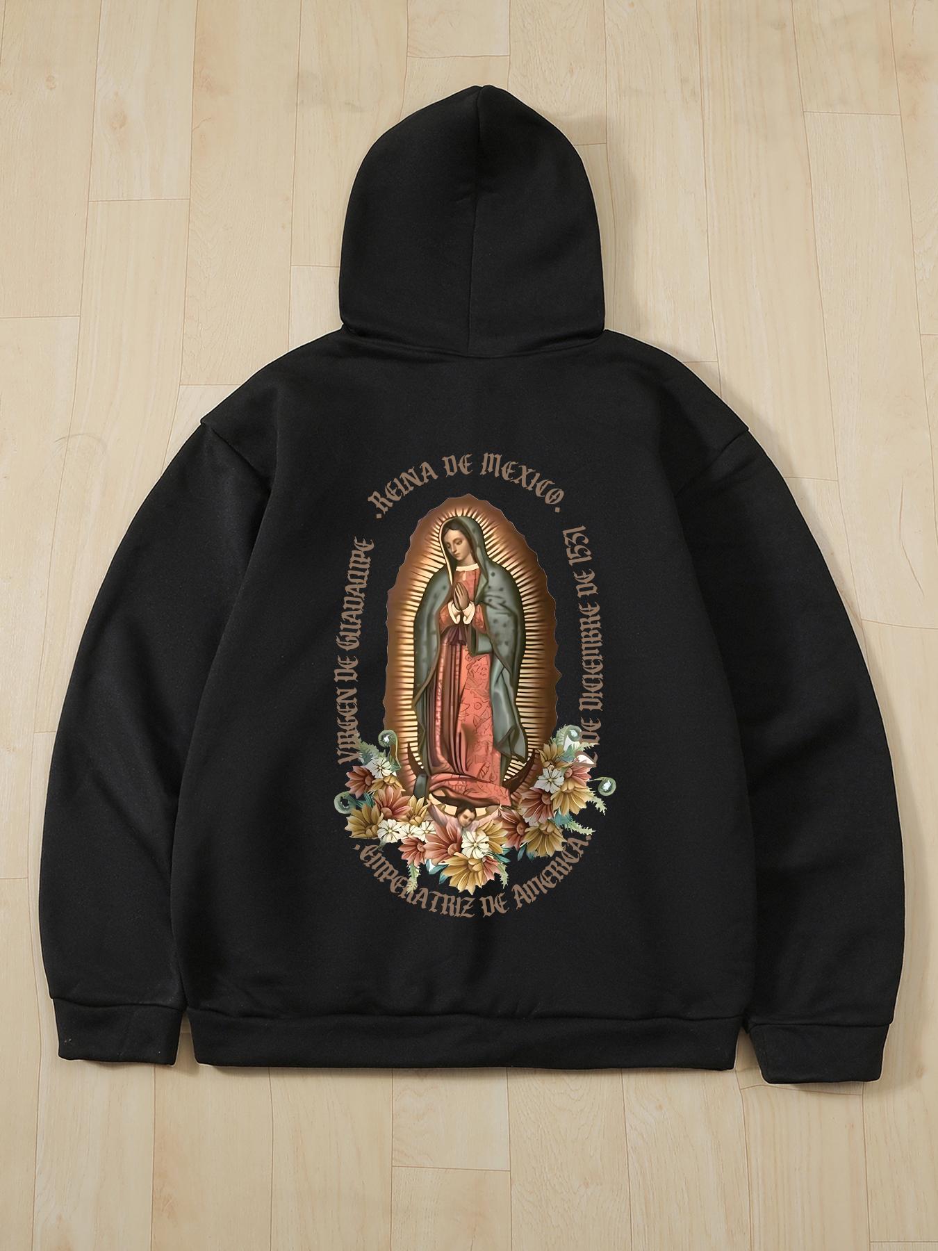Men's Guadalupe Print Zip Up Hoodie, Casual Regular Fit Long Sleeve Hooded Sweatshirt for Fall & Winter, Men's Top for Daily Wear, Flower Hoodies