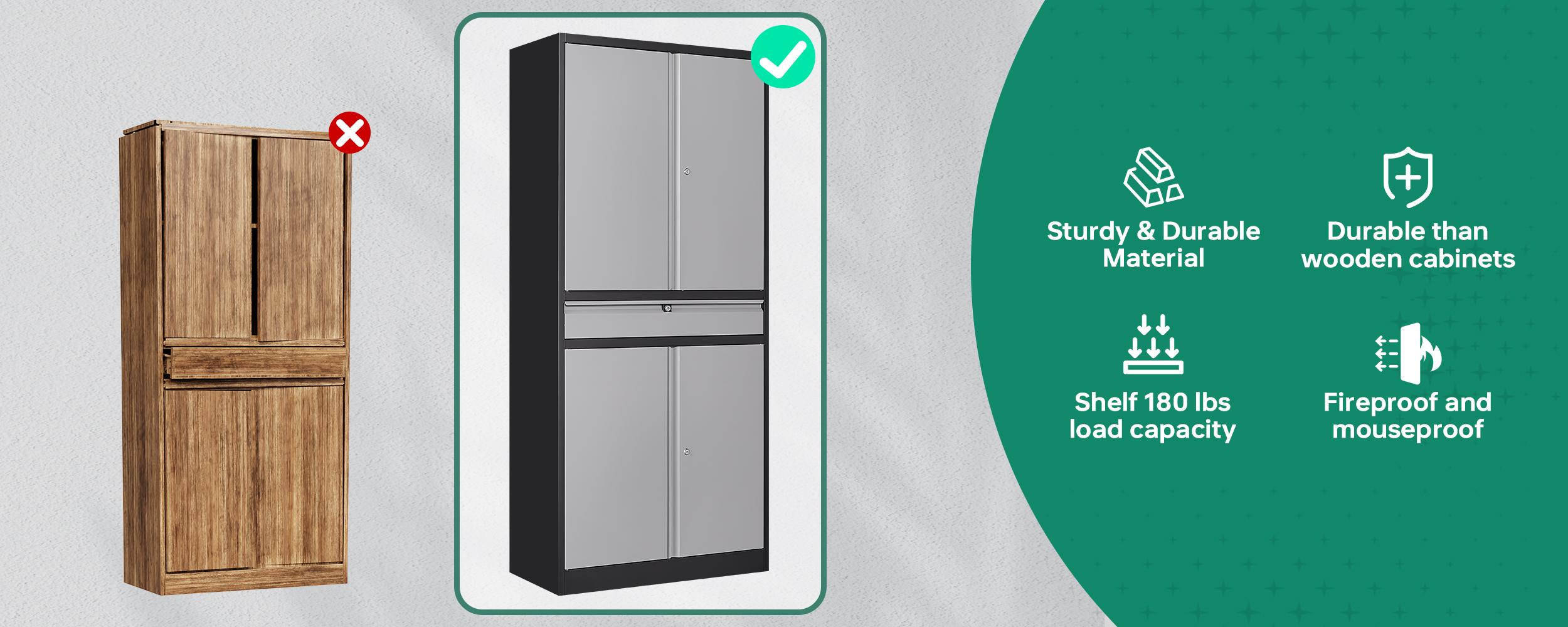 Letaya Metal Garage Storage Cabinet with Drawer,4 Door Tool Cabinet with Lock-2 Adjustable Shelves for Garage Home Office Utility Room