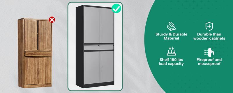 Letaya Metal Garage Storage Cabinet with Drawer,4 Door Tool Cabinet with Lock-2 Adjustable Shelves for Garage Home Office Utility Room