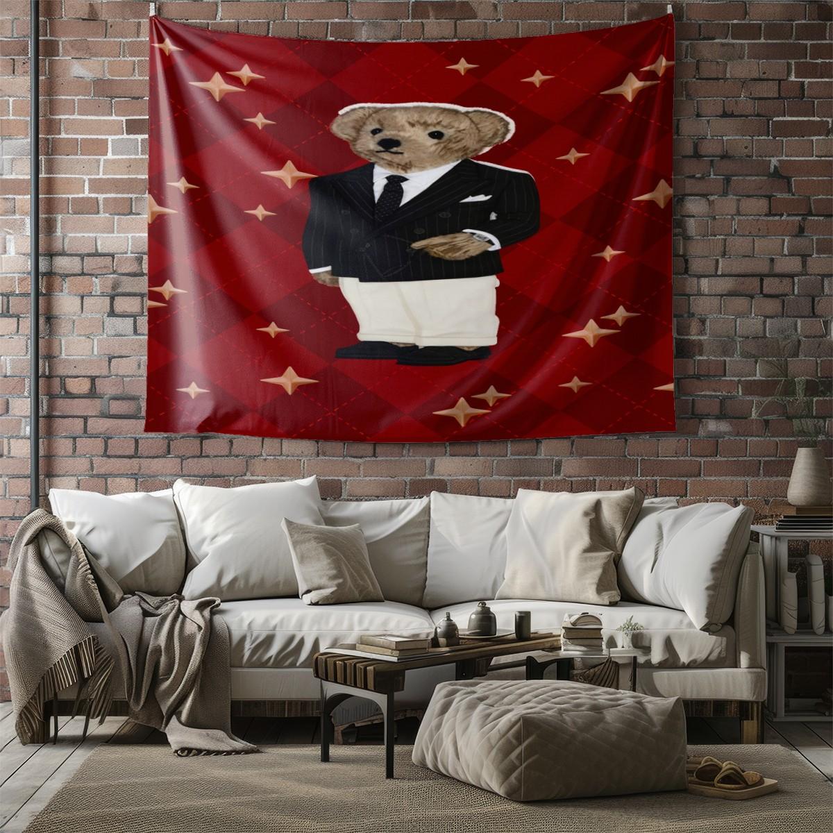 Vintage American Polo Bear Tapestry, Red Gentleman Bear Multi-Style, Wrinkle-Resistant, Wall Hanging Decor for Living Room Bedroom Backdrop