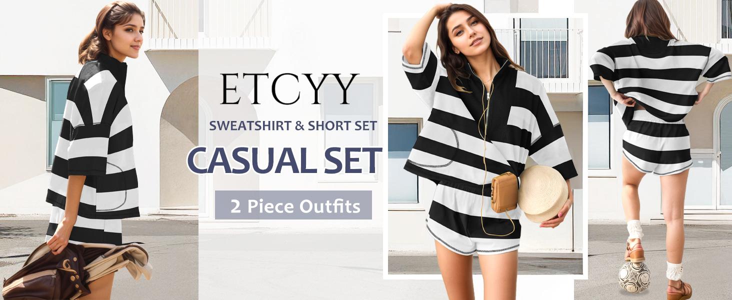 ETCYY Women's 2-Piece Lounge Set – Gamis Black & White Striped Oversized Shirt & Shorts Matching Sets Women, Fitted Suits, Casual Comfy Clothes for Travel, Workout, Streetwear, Stylish Daily Womenswear for Modern Women ETCYY Women's 2-Piece Lounge Set – Gamis Black & White Striped Oversized Shirt & Shorts Matching Sets Women, Fitted Suits, Casual Comfy Clothes for Travel, Workout, Streetwear, Stylish Daily Womenswear for Modern Women