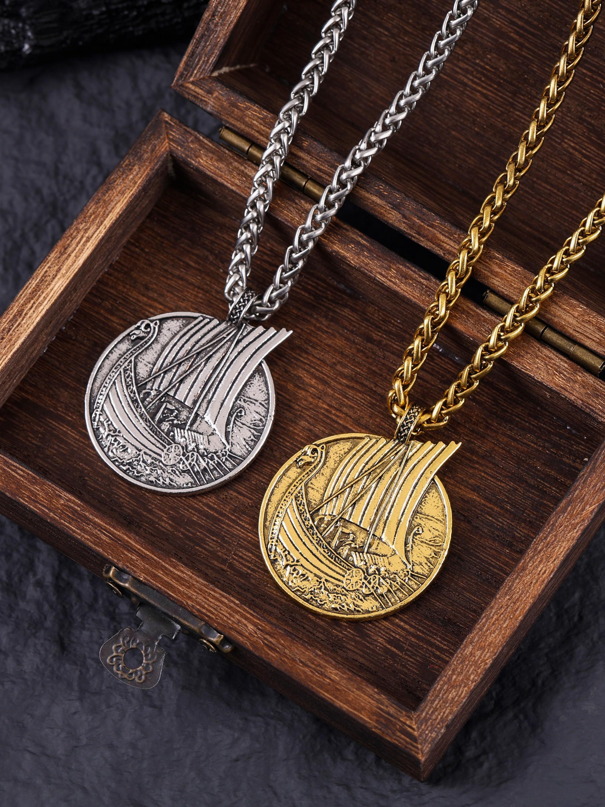 Nordic Viking Pirate Ship Necklace for Men, Retro Hip Hop Pendant Sailor Chain, Round Coin Shape + Pirate Ship Relief Texture, Versatile Fashion Accessory