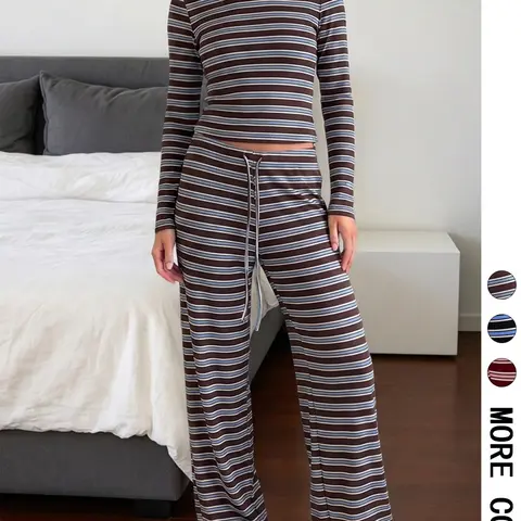 Women's Vintage Striped Knit Set, Fitted Long Sleeve Top & Wide Leg Pants Two-Piece, Casual Home Wear, 2 Piece Set, Airport Outfit, Womenswear, Lady Clothes, Knitted Set Clothes, Two Pieces Outfits