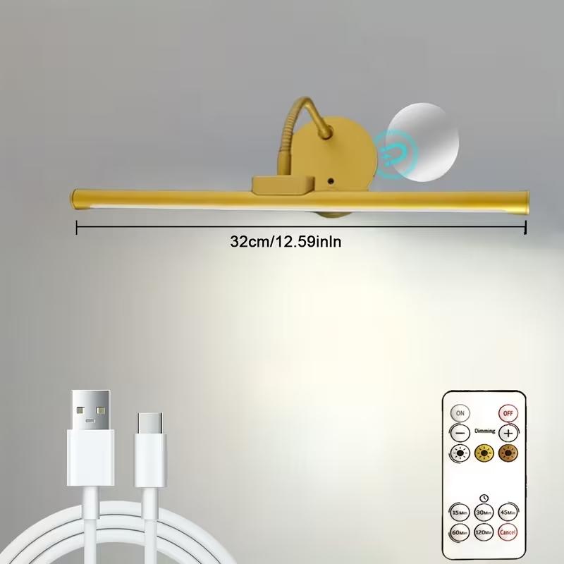 1pc Adjustable Dimmable Picture Light with Remote Control and Timer, Gold, USB Rechargeable Wall Light for Gallery Art, Paintings, Portraits, Dimmable Wall Lamp