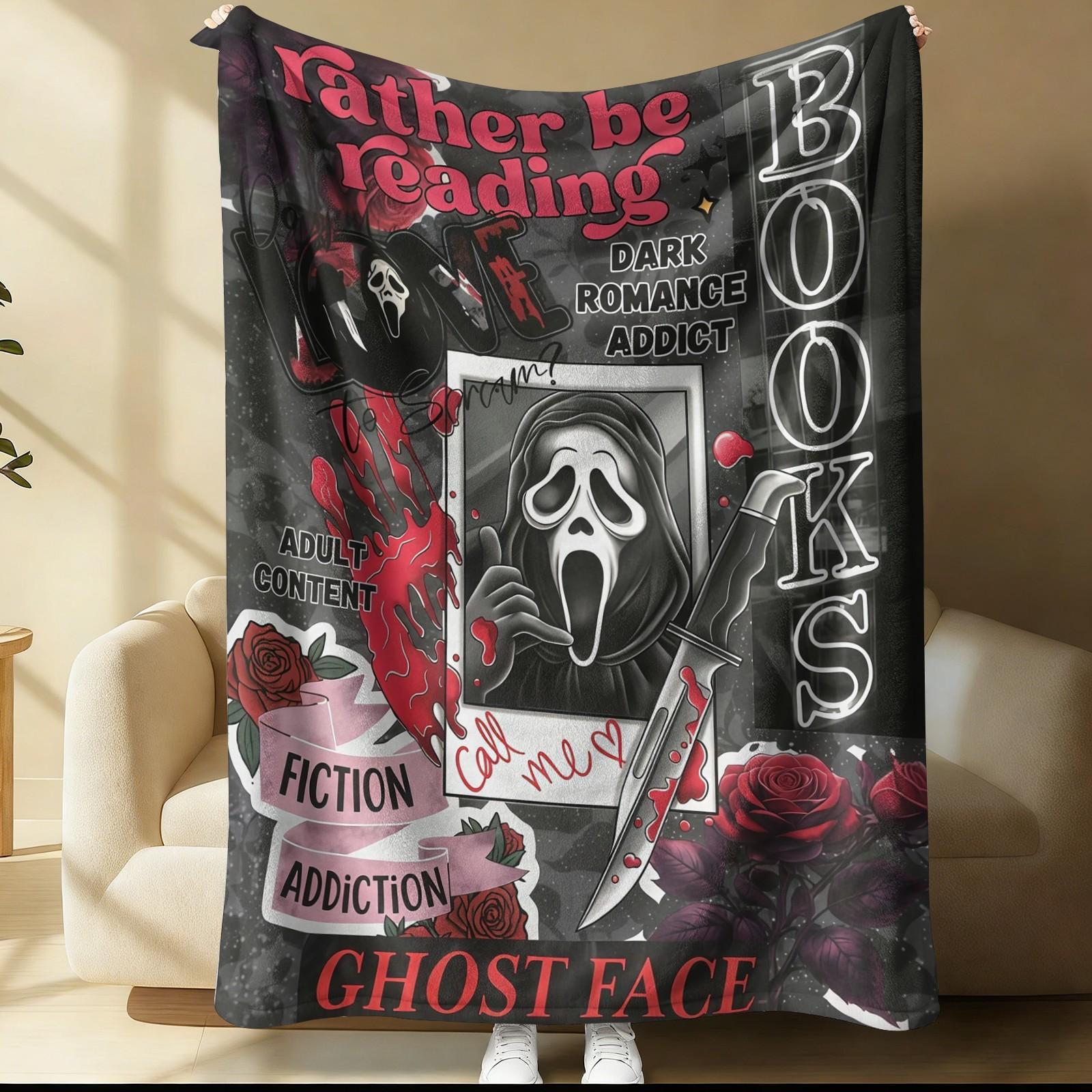 Scream Ghostface Dark Romance Addict Throw Blanket, Spooky Horror Movie Book Lover Blanket, Cozy Fleece Blanket for Halloween Bedroom Sofa Decor, Perfect Gift for Movie Fans & Bookworms