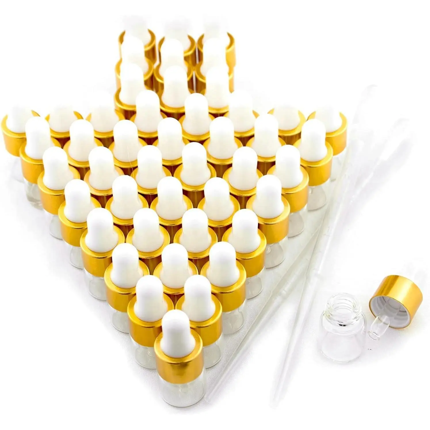 Sample Dropper Bottles, Mini Dropper Bottles with 2 Pcs Plastic Droppers for Traveling Essential Oils DIY Cosmetic Liquid Sample Perfume (Gold, 1ML-100PCS)