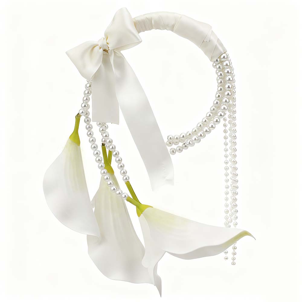 Lily and Pearl Bride Wrist Corsage, 37cm Artificial Flower Handheld Ring, Wedding Ceremony Engagement Party Decoration