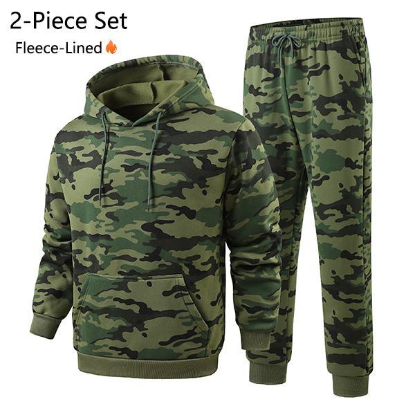 Men’s camouflage sports set, fleece-lined hooded sweatshirt + drawstring jogging pants, casual warm winter activewear two-piece set