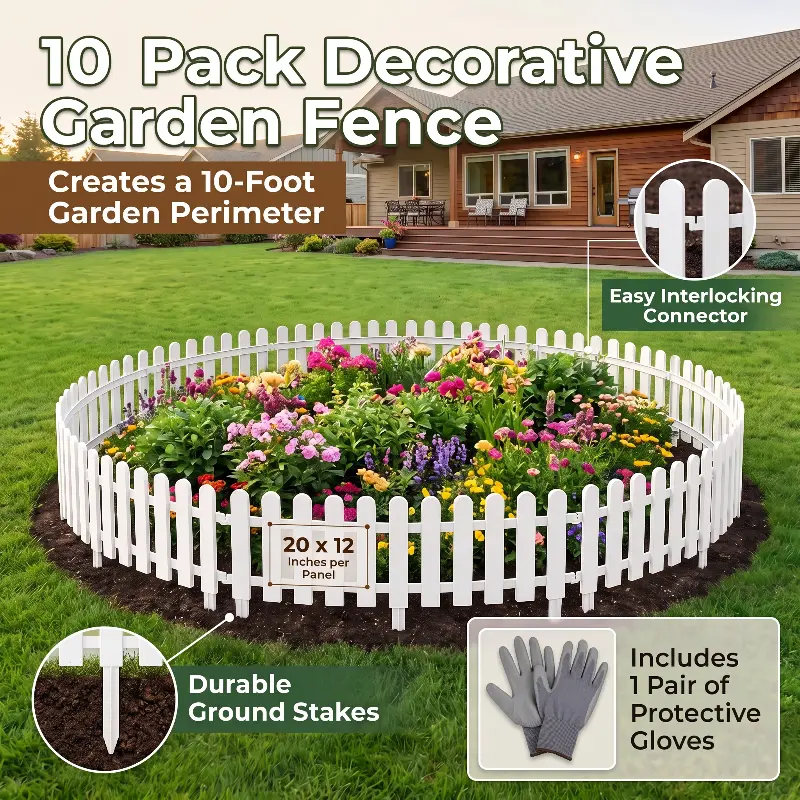 20*12 Inch White Fencing Panels(10 Panels Per Pack, Gloves Included). Decorative Plastic Garden Fencing For Lawns, Gardens, Flower Beds, And Plant Borders(see Installation Video)
