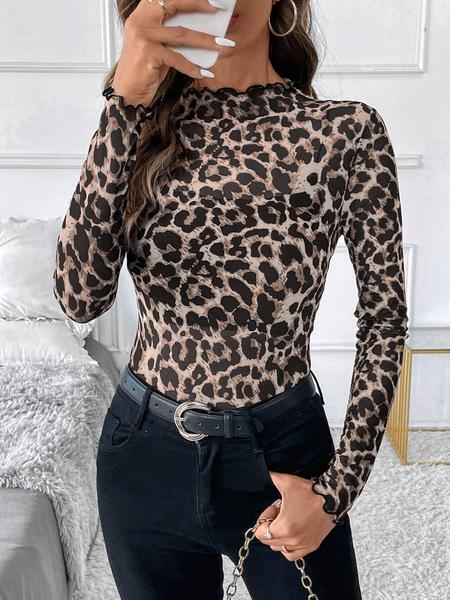 Elegant Sexy Leopard Print Sheer Mesh All-Over Printed Women's Top, Slim-Fitting Lightweight Summer Style for Casual Wear