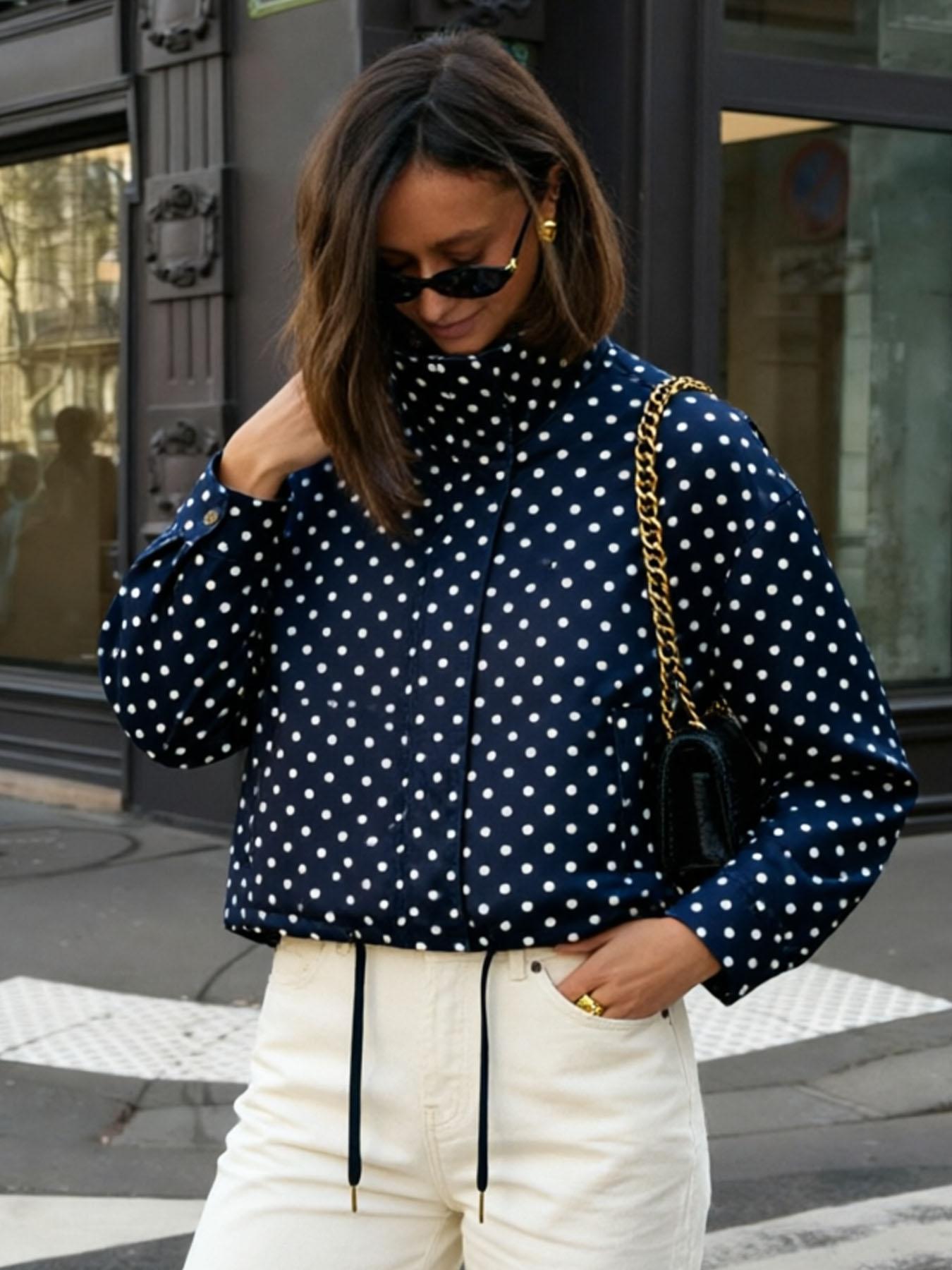 Polka Dot High Neck Women's Spring Jacket Windbreaker Cropped Coat Outdoor Bomber Jackets For Woman Outerwear Streetwear Demi-Season New In Jackets Fashionable Zipper Blue Woman Jackets Polka Dot Casual Jacket Casual Chic Outerwear Womenswear
