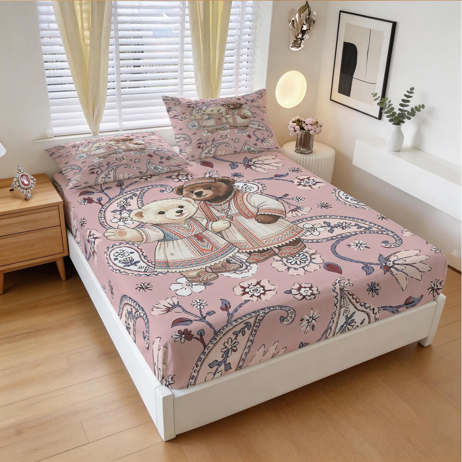Ethnic Couple Bear Fitted Sheet Set, 3 Pieces (1 Fitted Sheet + 2 Pillowcases), Soft Skin-Friendly, Pink Paisley Floral Bedding, Deep Pocket, Cute Bear Print for Girls Teens Bedroom, All Seasons