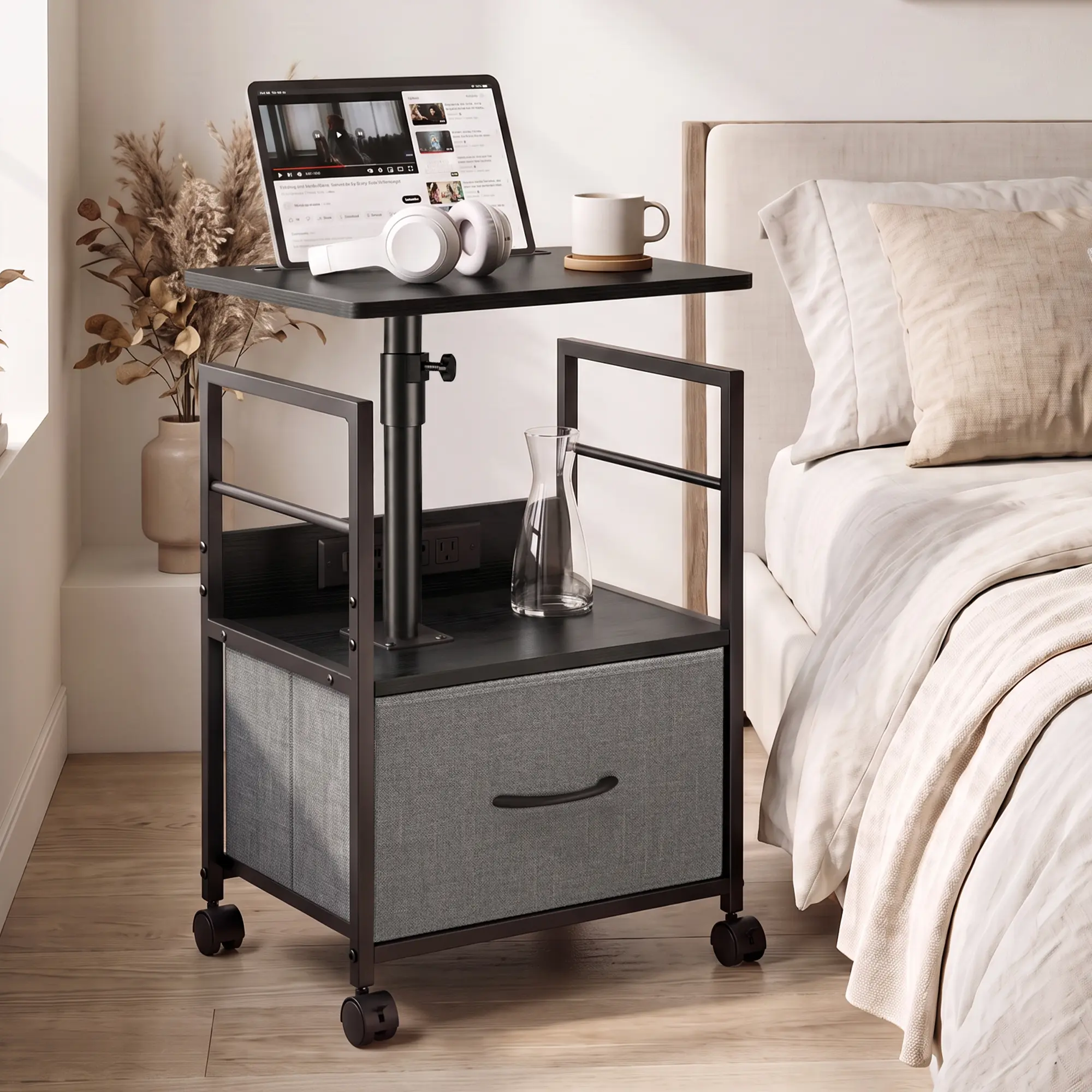 Height-Adjustable Mobile Charging Nightstand - Modern Rectangular Particleboard Table with Swivel Top, Drawer, USB Ports, Rolling Wheels, Compact Fit for Small Spaces, Living Room (Multiple Colors)