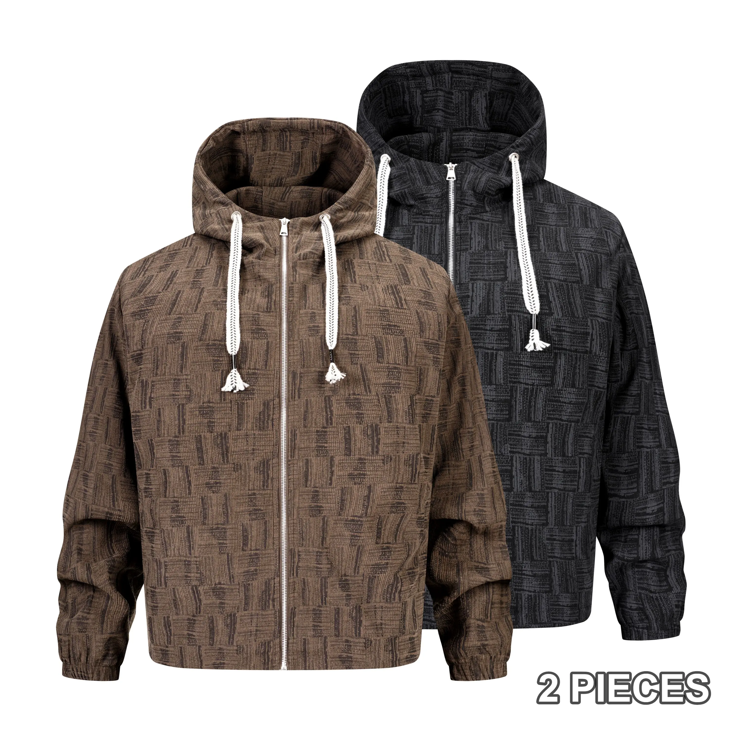 Men All‑Over Geometric Print Hooded Outer Jacket Exquisite Textured Pattern Design Full Zip Front Drawstring Hood Side Pockets Elastic Cuffs And Hem Loose Fit Outer Coat For Urban Street Daily Casual Matching Multiple Color Options