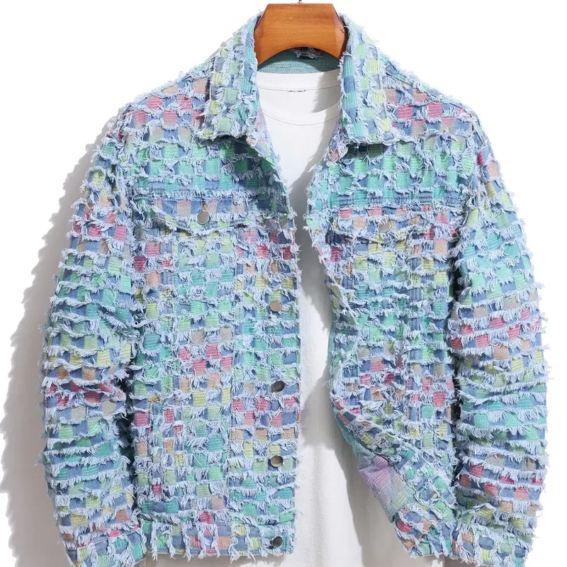 Men's Raw Trim Button Pocket Denim Jacket, Loose Street Style Long Sleeve Collared Plaid Checked Outerwear for Daily Wear, Workwear Jacket, Casual Fashion Jacket, Stylish Jacket, Streetwear Jacket, All Season Jacket