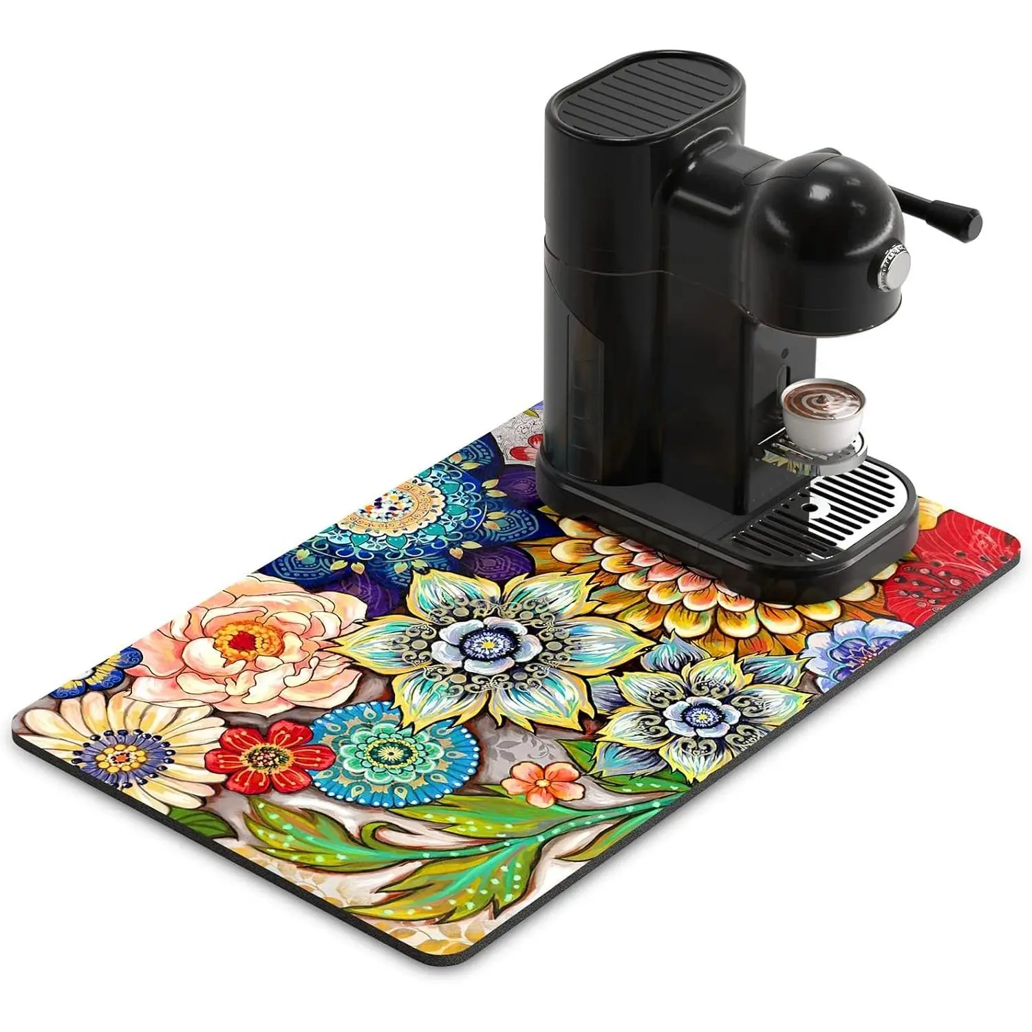 Coffee Mat, 12" x 19" Cute Flower Theme Coffee Bar Mats for Espresso Machine Station Accessories, Hide Stain Rubber Backed Absorbent Dish Drying Pad for Kitchen Counter, Mandala
