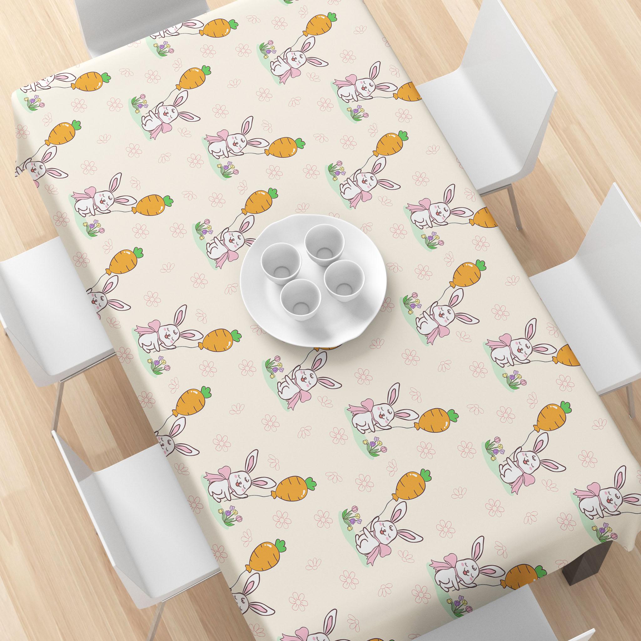 Rectangular Easter Tablecloth, Cartoon Rabbit & Egg Design, Spring/summer Floral Pattern, Perfect for Holiday/easter Decorations, Dining, Picnic Table Cover