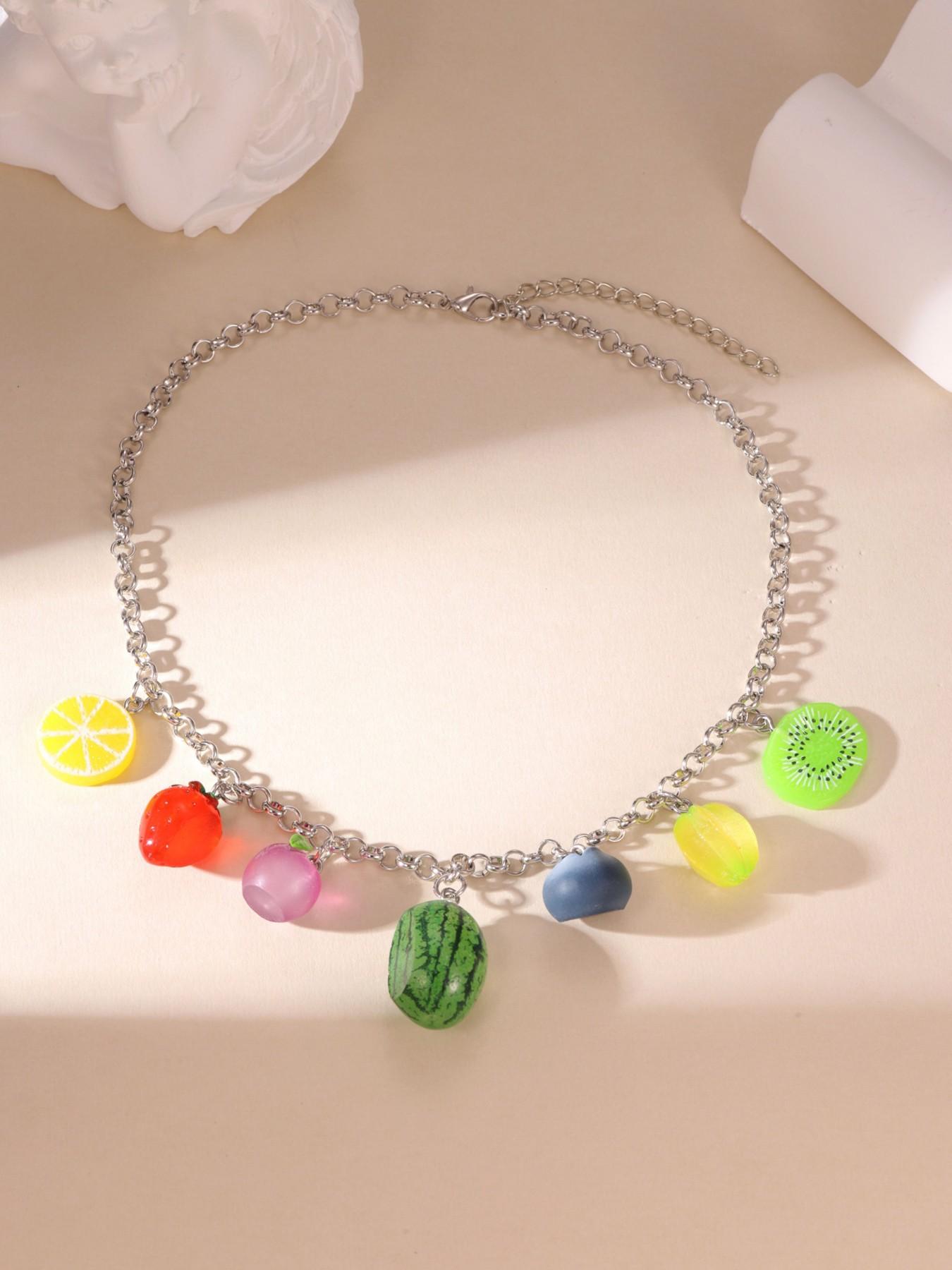 Cute Watermelon Lemon Strawberry Shape Silver Necklace Lightweight All Season For Women Daily Wear