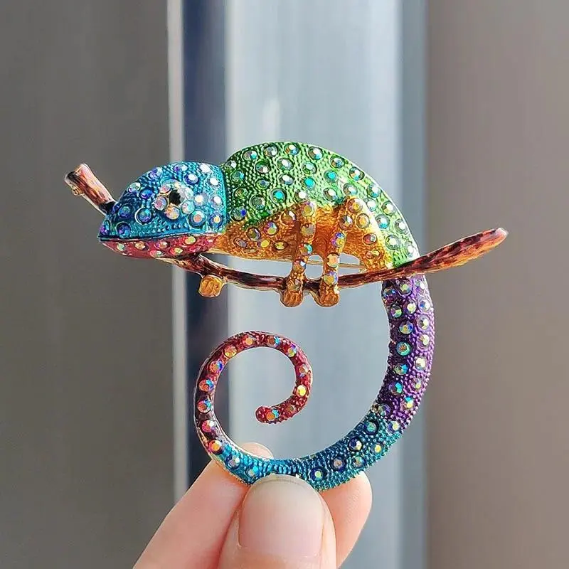 Colorful Rhinestone Chameleon Brooches For Women Men Clothes Suit Lizard Animal Brooch Pin Jewelry Accessories Ornaments Gifts