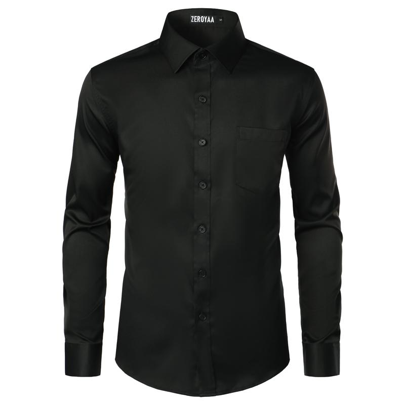 ZEROYAA Men's Beige Polyester Long Sleeve Button-Up Dress Shirt with Left Chest Pocket Urban Casual Business Slim Fit Tops