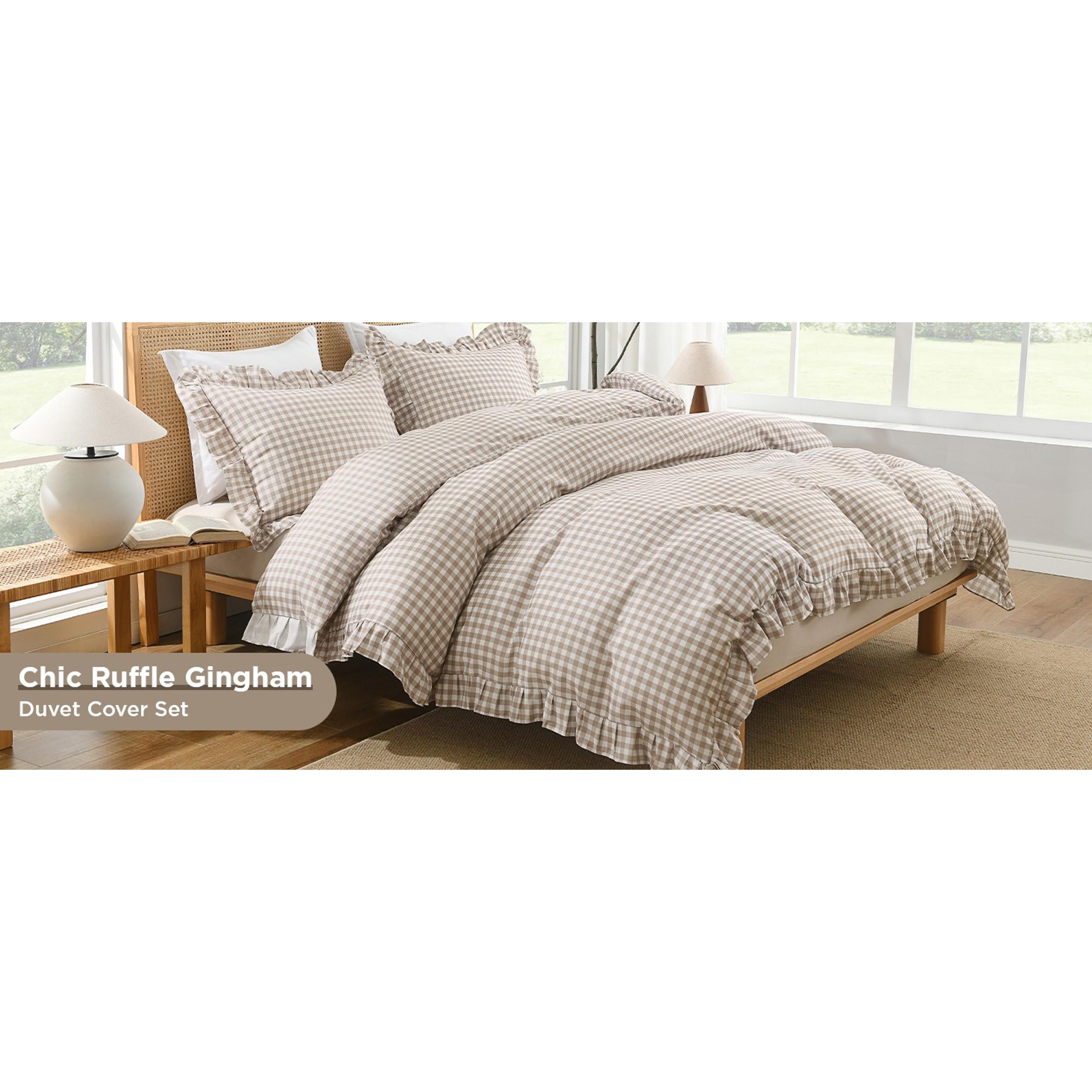 King Size Tan Gingham Duvet Cover Set, 3-Piece Ruffle Shabby Chic Farmhouse Bedding - Pre-Washed Soft Polyester Comforter Cover with Zipper Closure, Corner Ties, 104x90In King Size Tan Gingham Duvet Cover Set, 3-Piece Ruffle Shabby Chic Farmhouse Bedding - Pre-Washed Soft Polyester Comforter Cover with Zipper Closure, Corner Ties, 104x90In