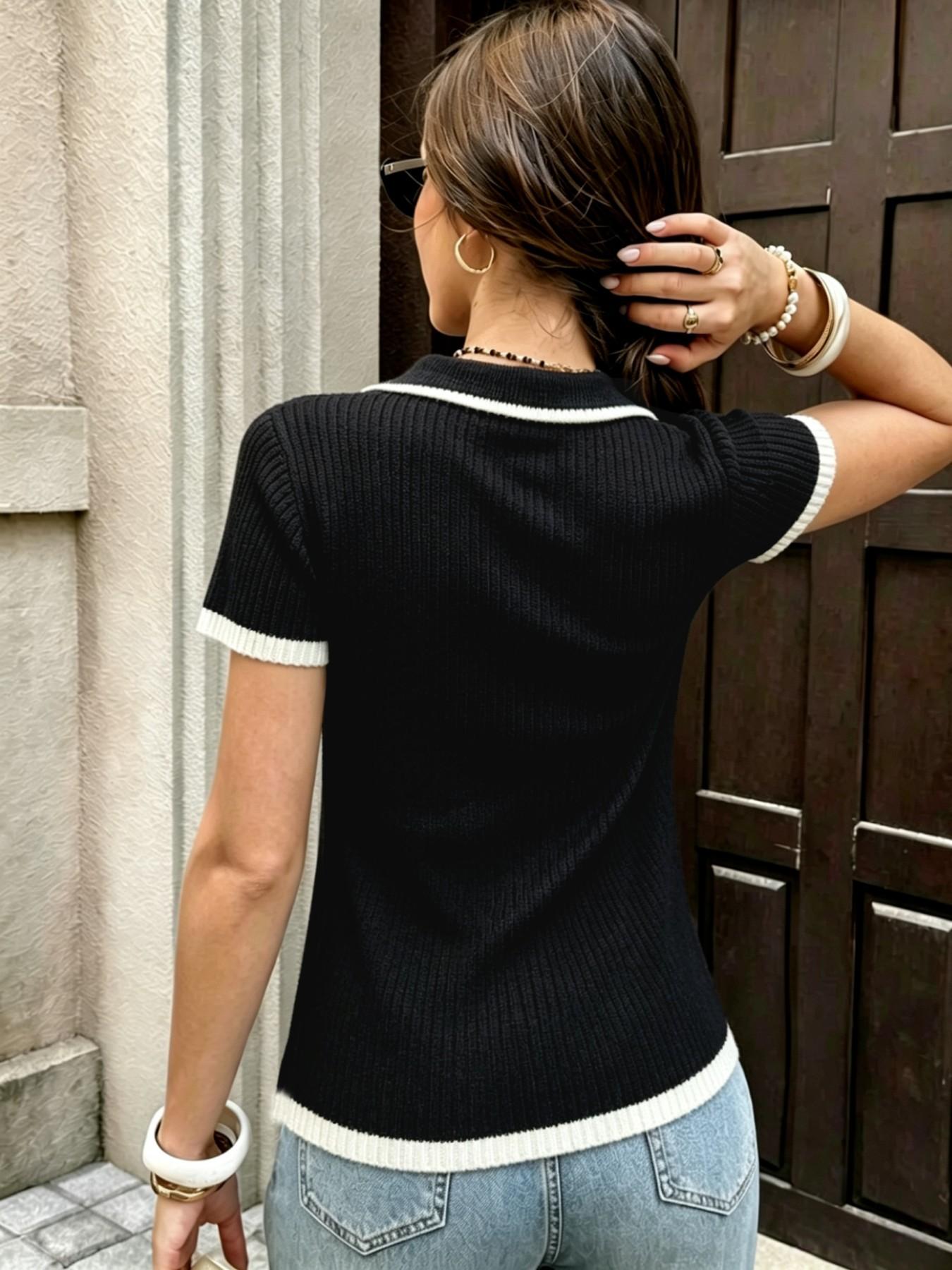 Summer Autumn Simple Style Colorblock Polo Button Collar Pullover, Fashion Casual Elegant Slim Fit Short Sleeve Knit Top for Women
