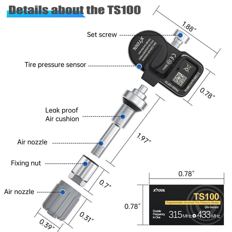 XTOOL TS100 Tire Sensor (315/433MHz), Programmable TPMS Sensor Replacement for XTOOL TP150/IP819TP Auto Parts Tire Pressure Monitoring System Car Accessories