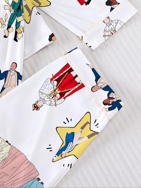 Hamilton Musical Print Women's Pajama Set, Long Sleeve Shirt Collar Button Soft Top & Elastic Pants, Casual Home Wear