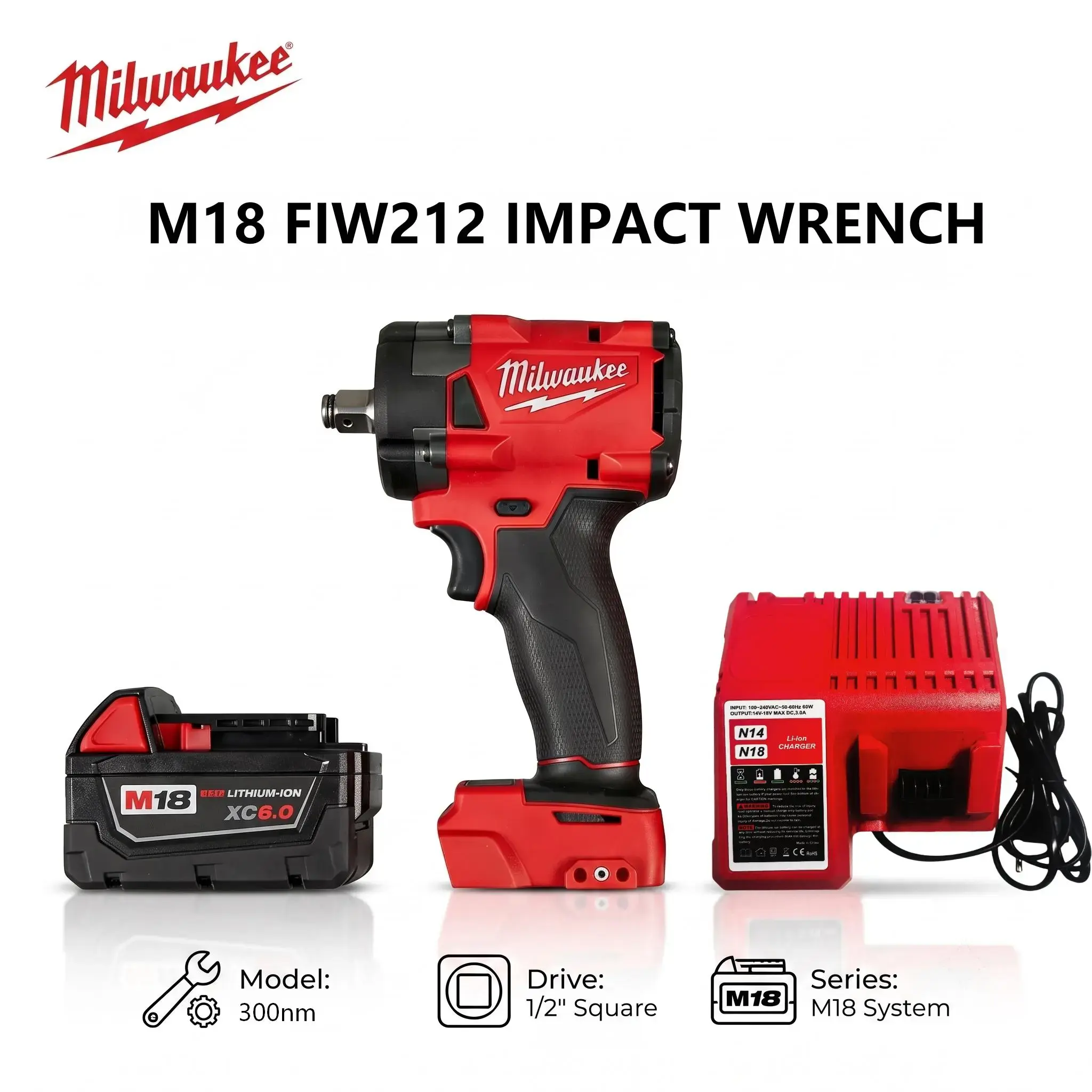 Milwaukee M18 FIW212 18V Cordless Impact Wrench Work Tool 1/2 in Square Drive, 300Nm Torque, 4 Adjustable No-load Variable Speed, Variable IPM Impact Rate, Compact Lightweight for Mechanical Repair, Steel Fastening, Work Tools high power br
