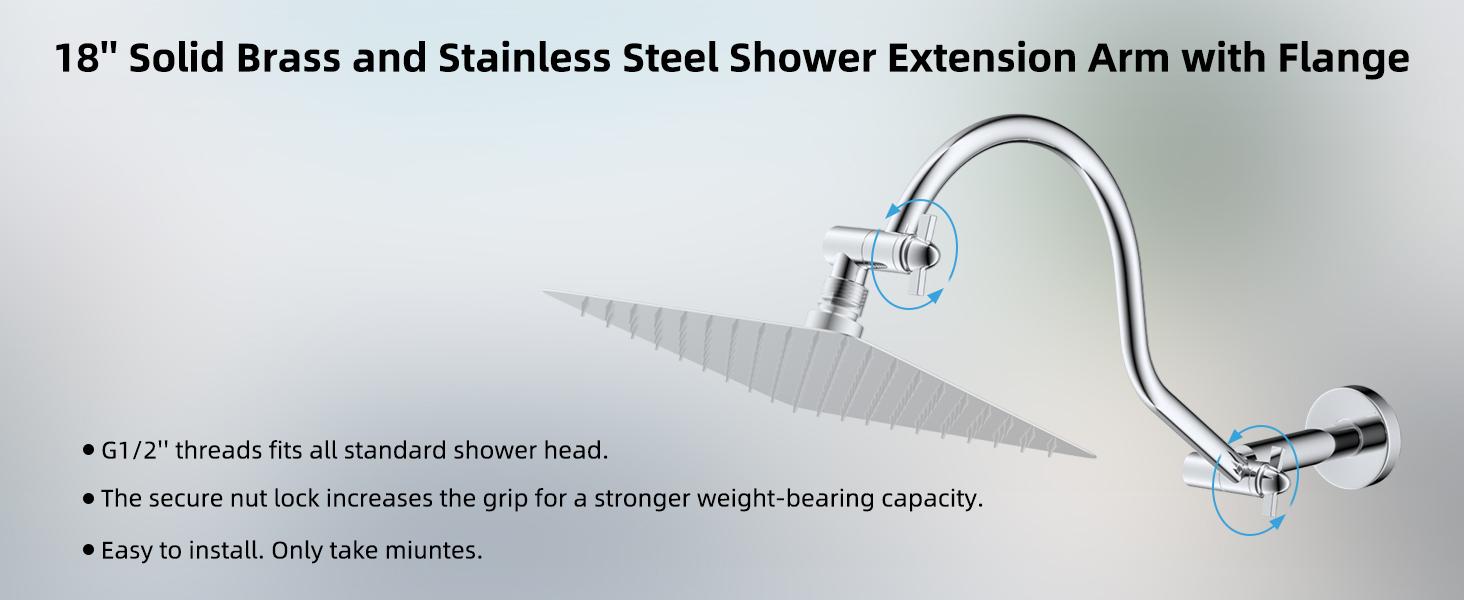 Hibbent All Metal Upgraded 18'' Shower Head Extension Arm, Shower Arm with Flange, Solid Brass Flexible Height & Angle Adjustable Shower Arm Extender with Lock Joint, Universal Connection, Chrome head extension