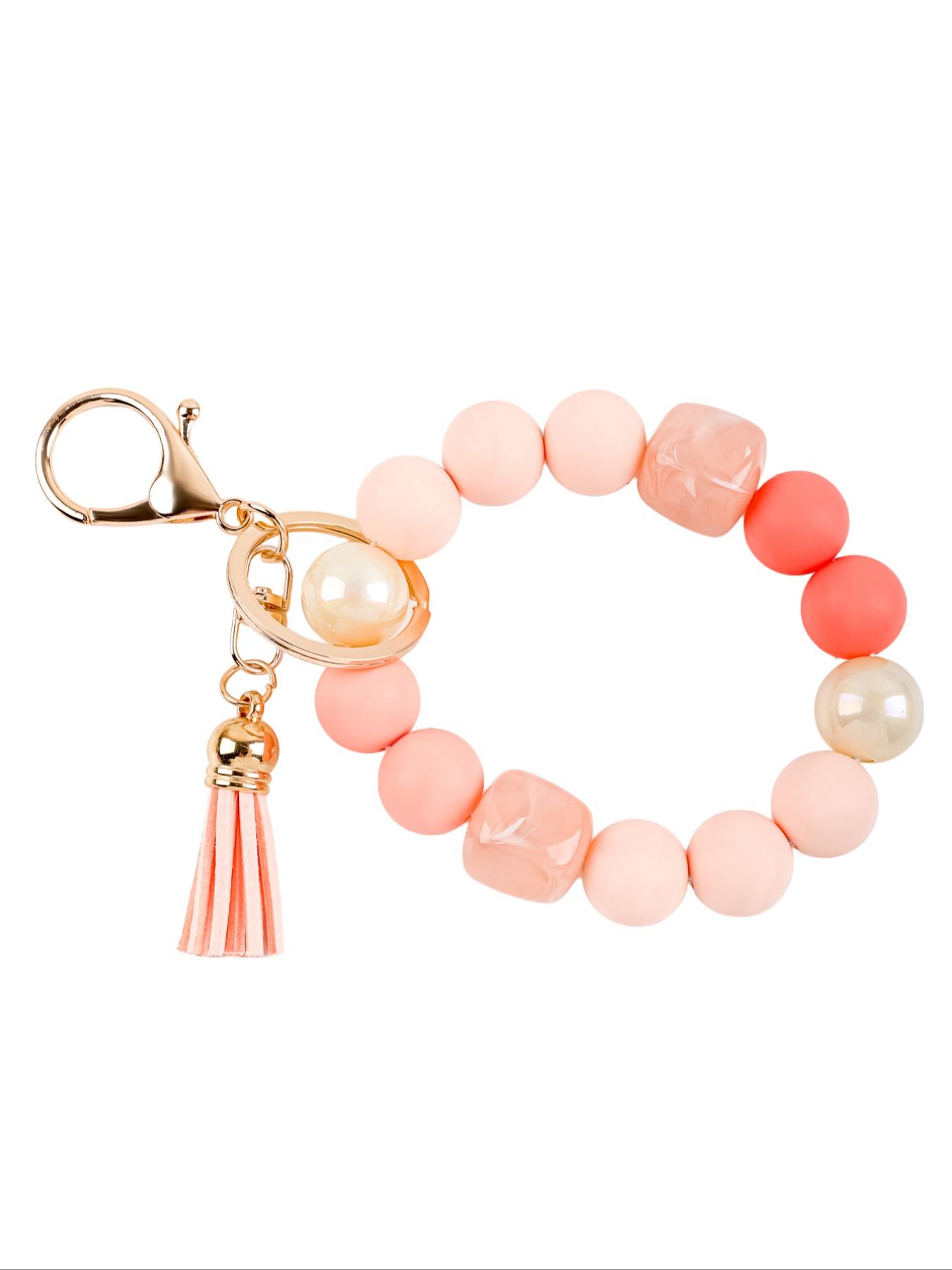 Solid Color Beaded Wristlet Keychain for Women, Matte Silicone Acrylic Beads, Tassel Charm, Minimalist Key Holder, Fashion Gift
