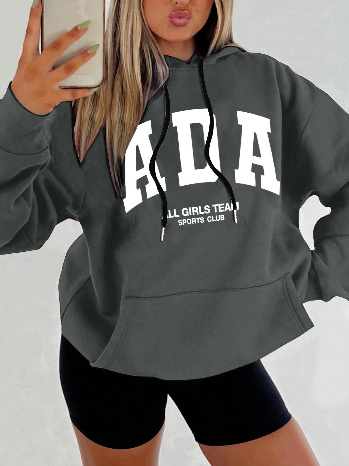 Women's Letter Print Drop Shoulder Hoodie, Fashion Casual Drawstring Pocket Hooded Sweatshirt for Daily Holiday Outdoor Wear, Women Clothing for Fall & Winter