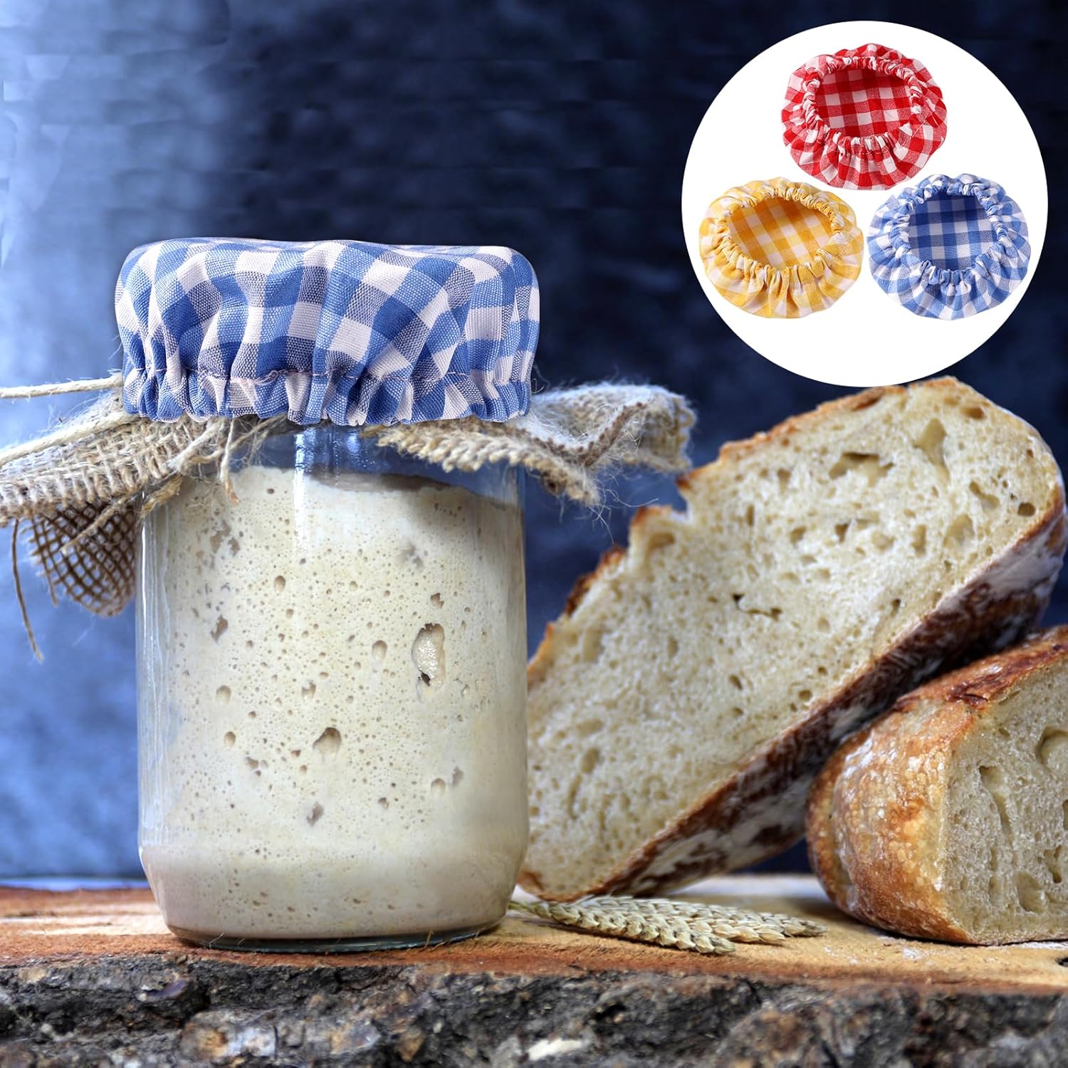 6pcs Jar Cloth Covers, Plaid Cloth Jar Covers Elastic Unbleached Cloth lid Reusable Sourdough Starter Bowl Cover Dough Basket Cover Preserving Lids Food Storage for 3-4 Inch Jar Mouth Kitchen Baking Supplies