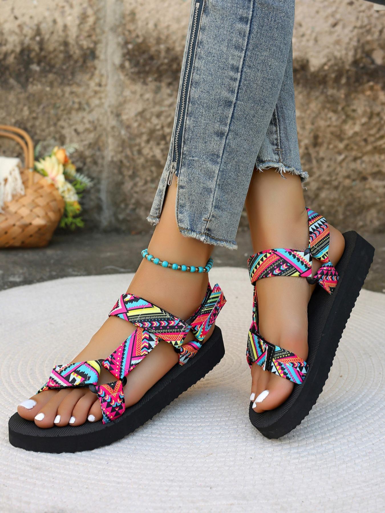 Women's Boho Style Colorful Strap Flat Sandals, Casual Trendy Slingback Sandals, Fashionable Sandals for Summer Beach Vacation, Bohemian Sandals
