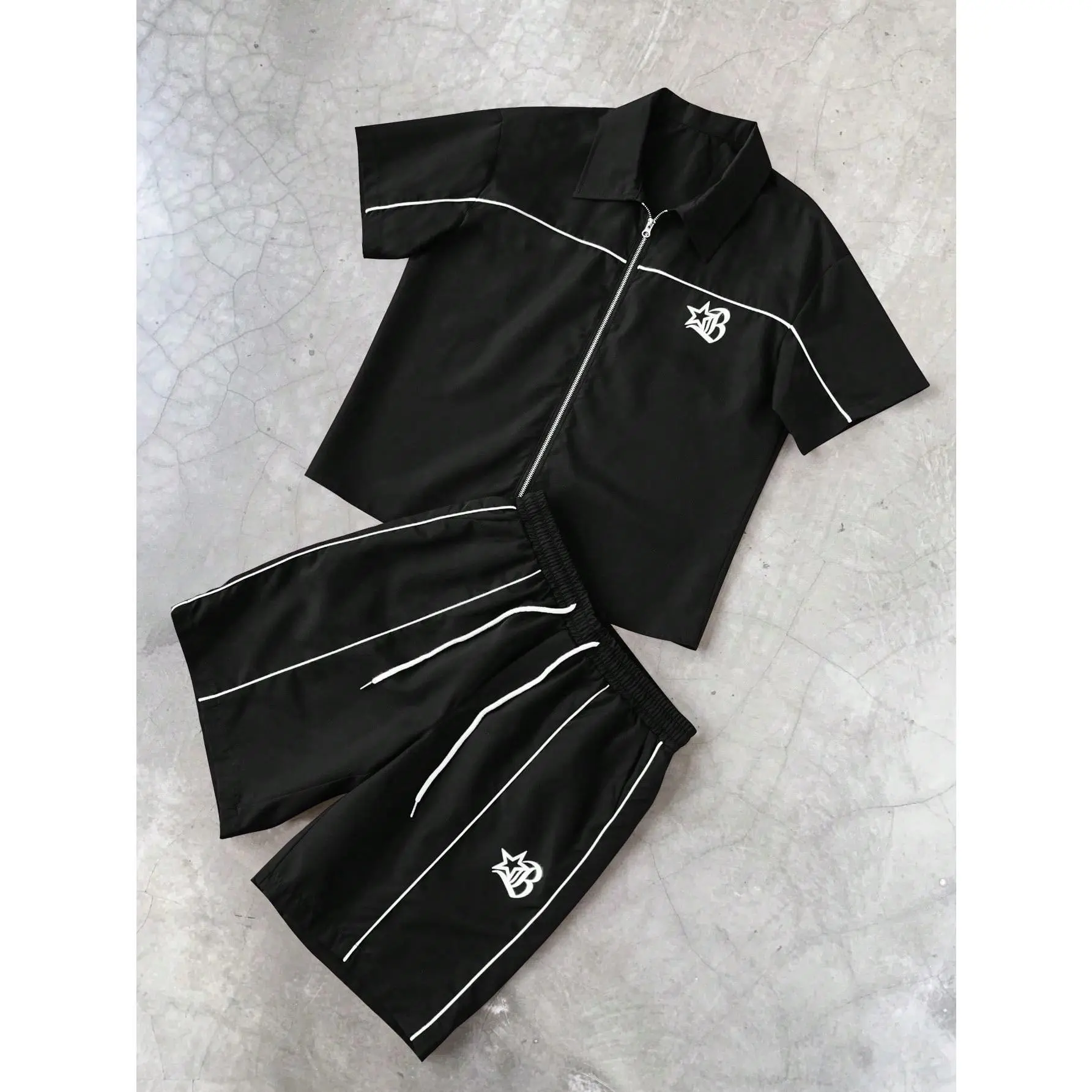 Men's 3pcs Star Print Short Sleeve Zipper Front Shirt & Shorts Summer Streetwear Outfits