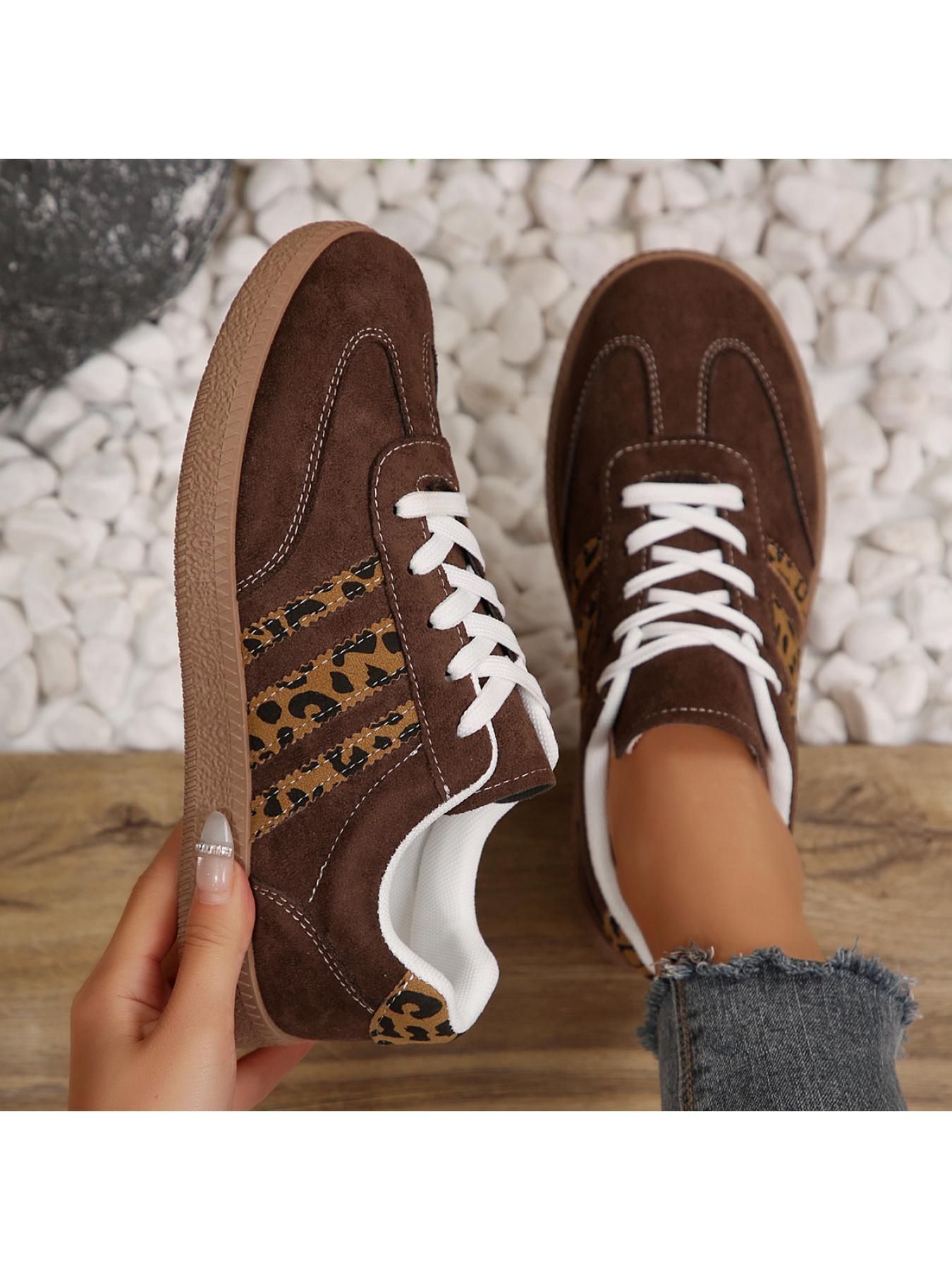 Women's 2.5cm Platform Leopard Print Sneakers, Black/Beige, Retro 3-Stripe Casual Shoes