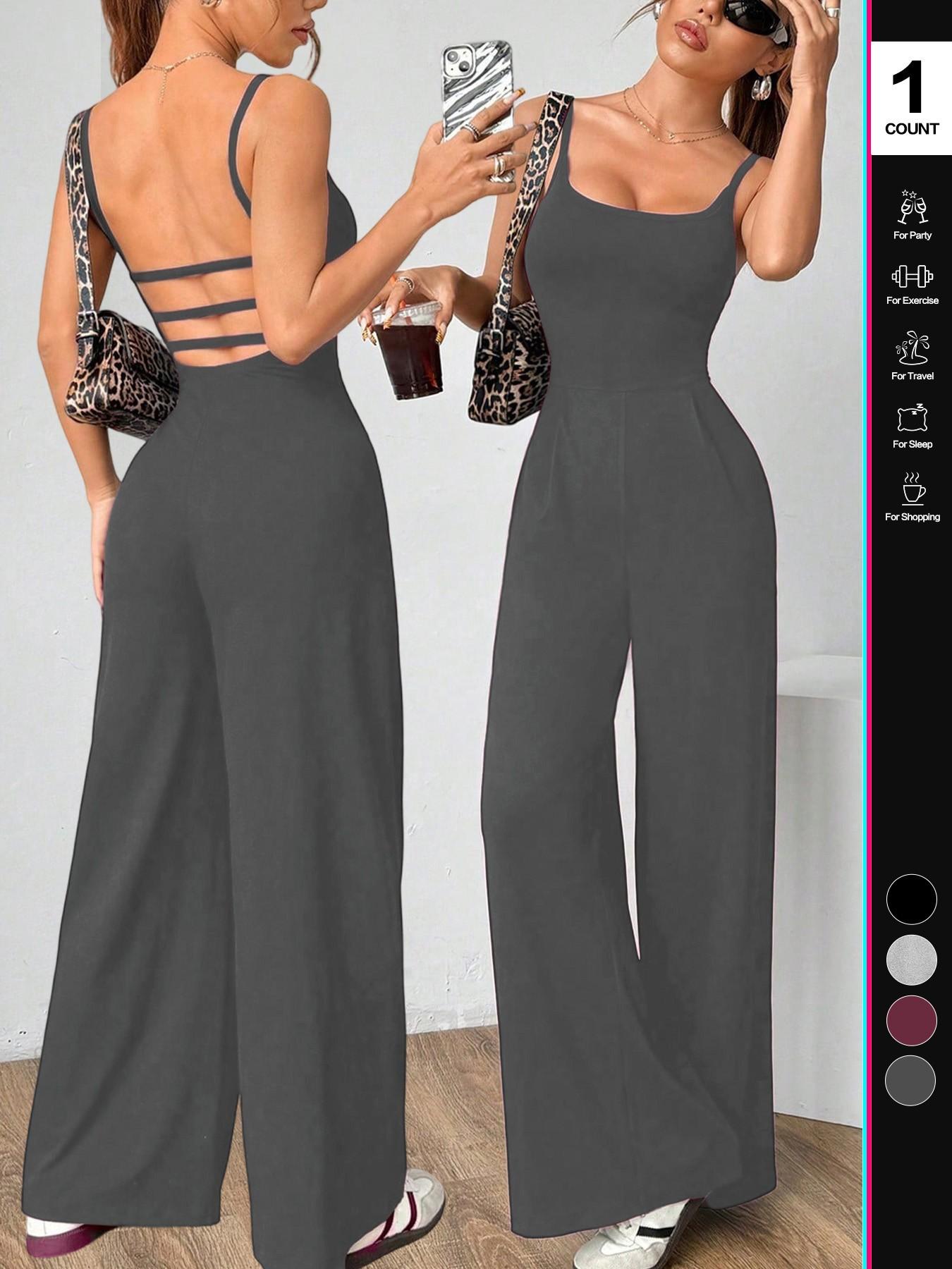 2026 Women's Solid Backless Fitted Plicated Camijumpsuit, Sleeveless Spaghetti Strap Square Neck, Sexy Wide Leg Jumpsuit for All Seasons