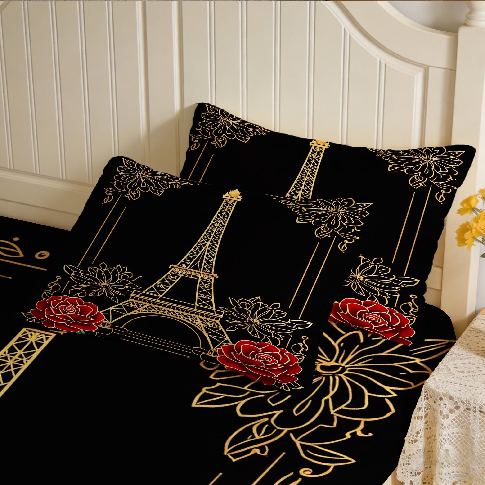2/3 Pcs Paris Tower,Rose Theme Pattern Bedding Fitted Sheet Set(1* Fitted Sheet+1/2* Pillowcase,core Free),machine Washable,zipper Seal,multiple Sizes Suitable For All Seasons,suitable For Bedrooms,perfect Gift Festivals