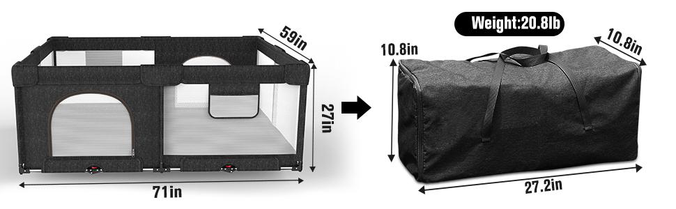 Foldable Baby Playpen,Collapsible Playpen for Babies and Toddlers, Extra Large Foldable Playpen for Baby with gate, Baby Activity Center with Fence, Travel Play Pen (Black/Grey 51"×51"/59"×71")