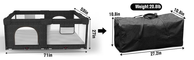Foldable Baby Playpen,Collapsible Playpen for Babies and Toddlers, Extra Large Foldable Playpen for Baby with gate, Baby Activity Center with Fence, Travel Play Pen (Black/Grey 51"×51"/59"×71")