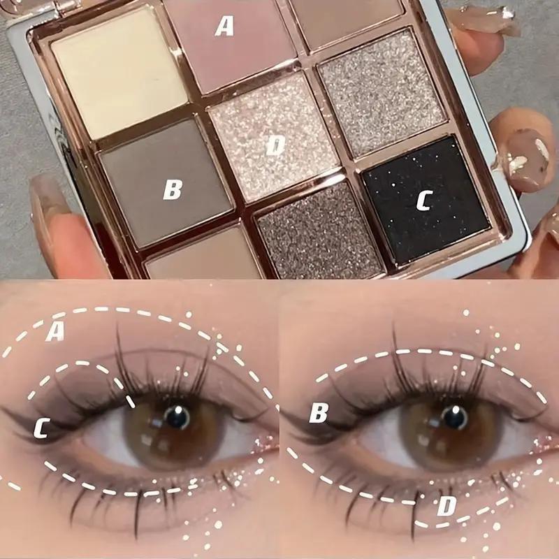 9-color eyeshadow palette - a blend of smoky grey, brown and pink tones, mousse eyeshadow, matte and shimmery finishes, fine Shimmery glitter, low saturation all-in-one palette with matte earthy tones, fine powder texture that doesn't fly off