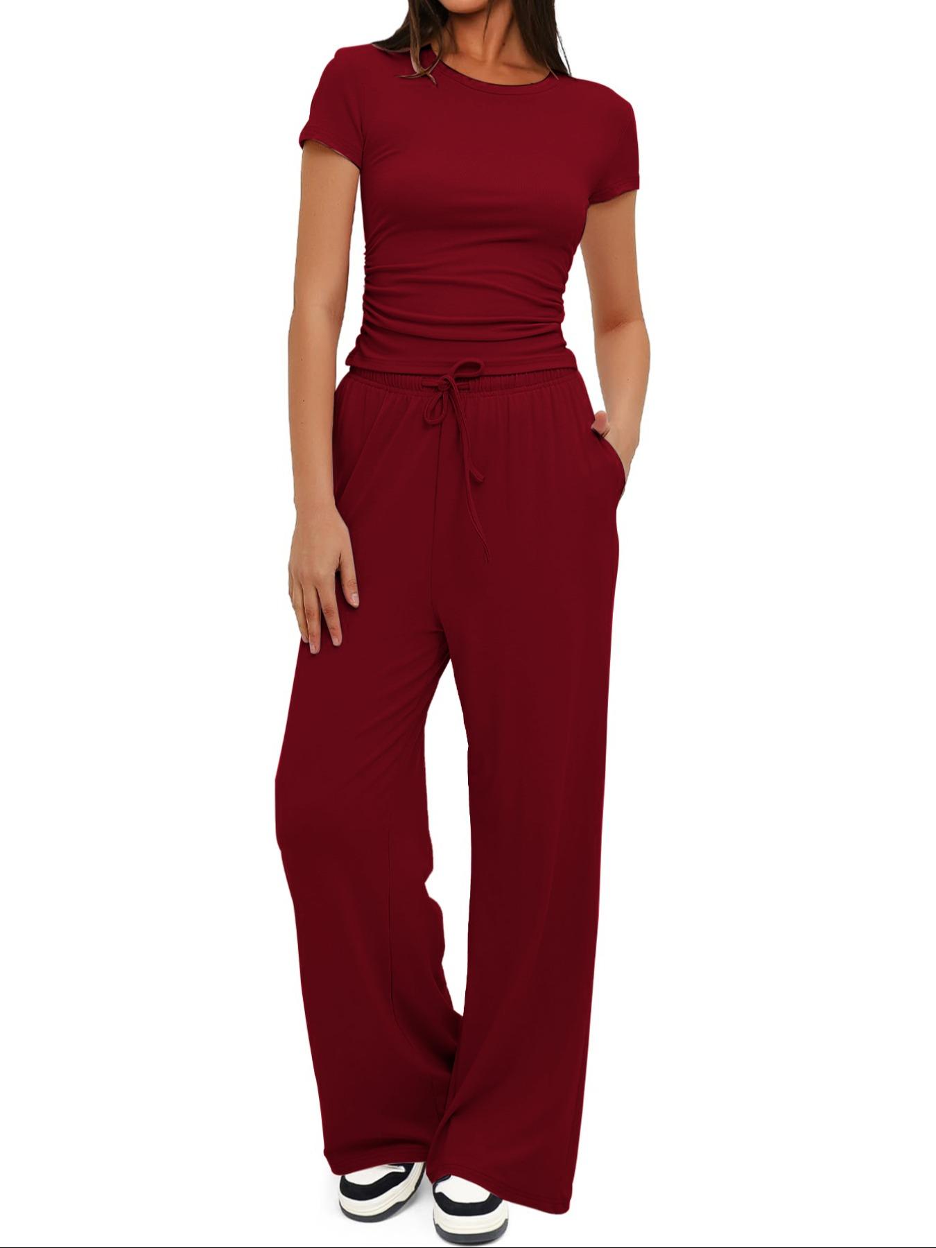 2026 Women's Solid Round Neck Tee & Pants Loungewear Pajamas Two/Six Piece Set, Casual Comfy Pyjama Set for Women, Comfy Loungewear Set for Daily Home Wear