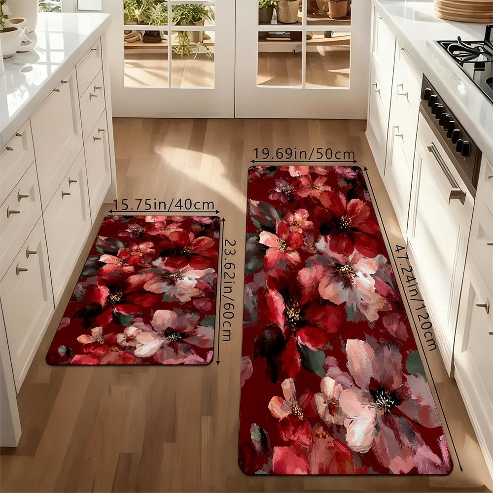 Vintage Watercolor Red Floral Kitchen Rug Set, Boho Abstract Flower Non-Slip Washable Floor Mats, Aesthetic Botanical Runner Rugs for Kitchen, Living Room & Home Decor