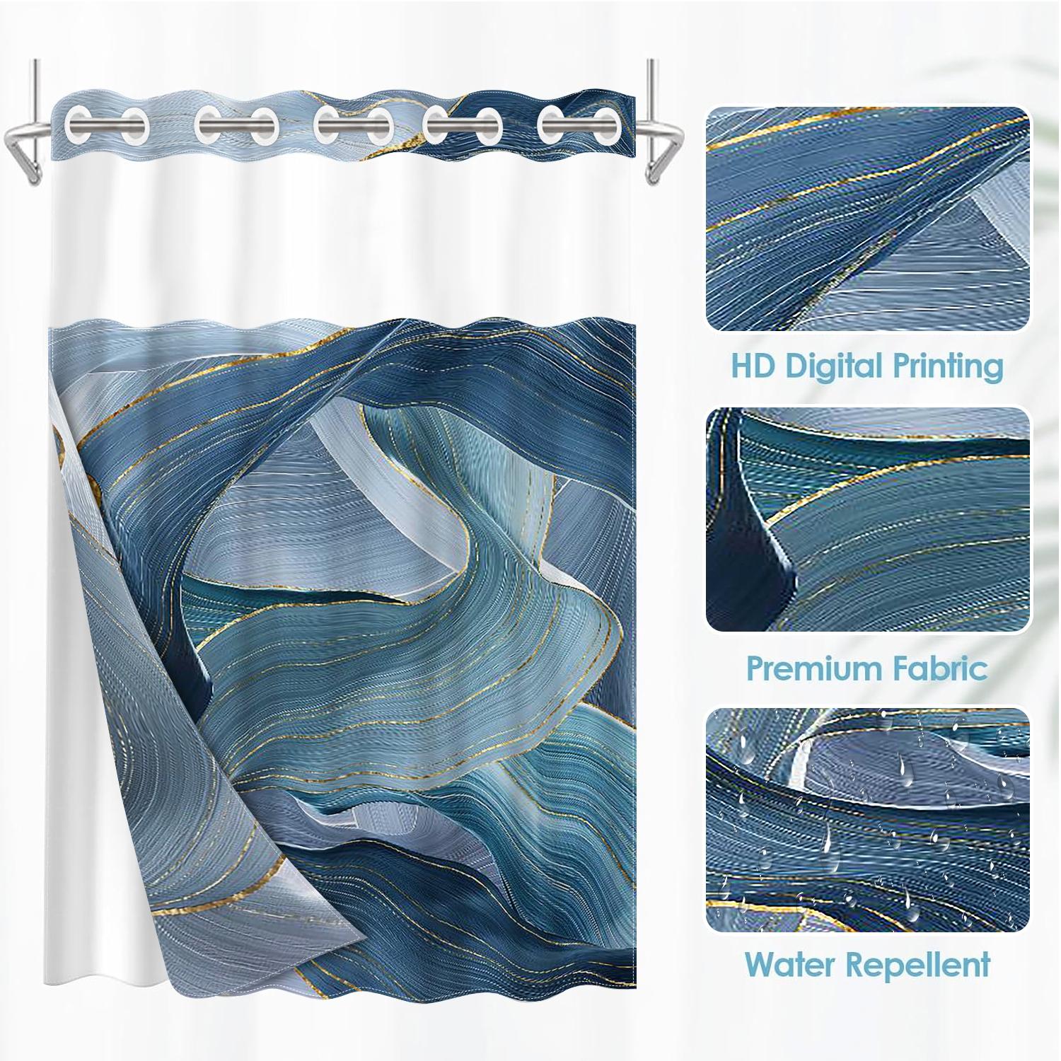 1PC double-layer large ring shower curtain, blue wavy line interwoven pattern, shower curtain, high-end quick drying hanging curtain, bathroom, curtain, waterproof, mildew proof curtain