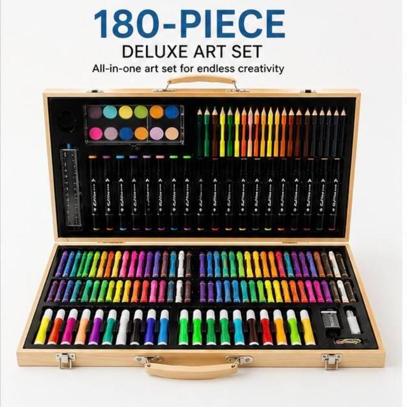 180-Piece Wooden Art Set, Dual-Layer Wood Box, Non-Toxic Washable, DIY Tools for Kids, School Art Supplies, Birthday Gift Box