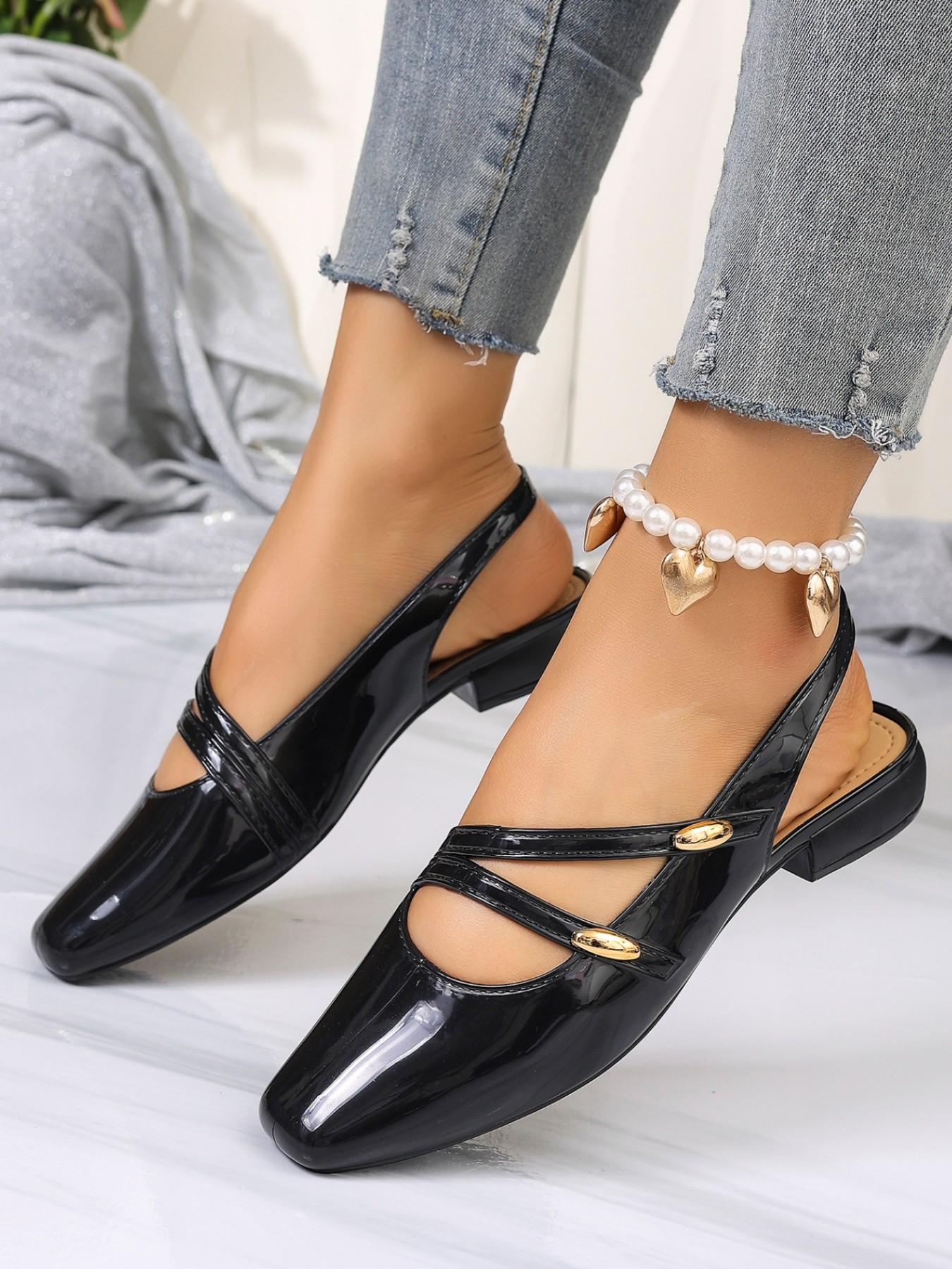 2026 Summer High-End Glossy Leather Mary Jane Shoes, Square Toe Backless Cross Strap Metal Buckle Low Heel Flat Sandals, Office Date Elegant Versatile Women's Shoes