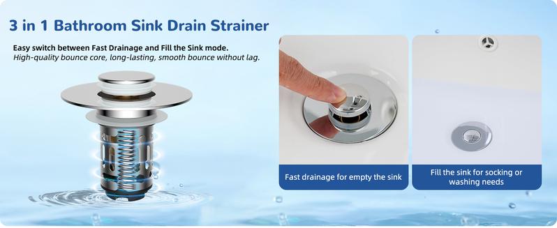 Hibbent Upgraded 3 in 1 Bathroom Sink Drain Strainer, Universal Pop Up Stopper with Removable Stainless Steel Filter Basket Hair Catcher, Sink Plug for 1.1''~2.36'' Basin, Brass Bullet Core, Chrome Hibbent Upgraded 3 in 1 Bathroom Sink Drain Strainer, Universal Pop Up Stopper with Removable Stainless Steel Filter Basket Hair Catcher, Sink Plug for 1.1''~2.36'' Basin, Brass Bullet Core, Chrome