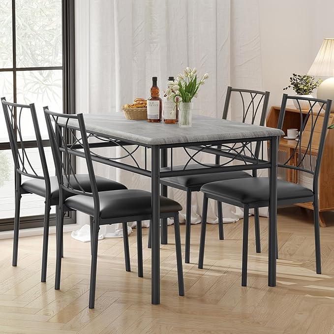 Dining Table Set for 4, Rectangle Compact Dining Table and Chairs Set, Small Kitchen Table Set with 4 Wood Chairs for Apartment