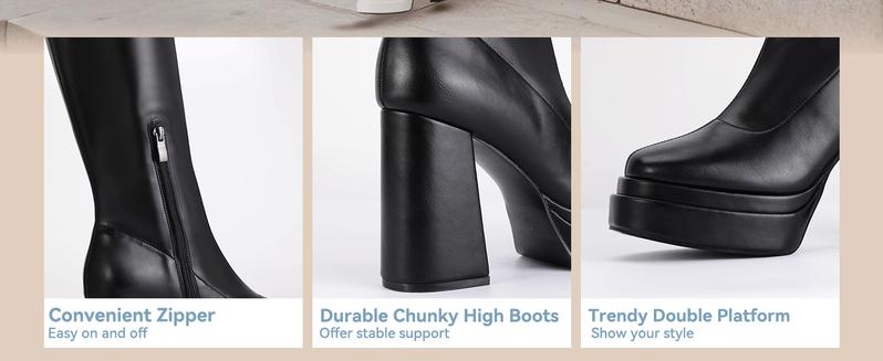 IDIFU Women's Square Toe Knee-High Boots, Soft Comfort Mid-calf Chunky Heels, Winter Footwear, Outdoor Walking Shoes Girl