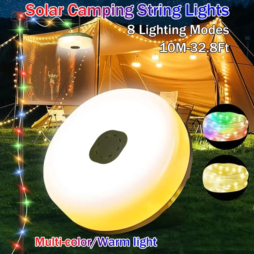 Solar Camping String Lights, Outdoor Camping Lights, 8 Lighting Modes (33 Feet), Waterproof, Type-C Fast Charging, Portable Camping Lights for Camping/Garden/Hiking